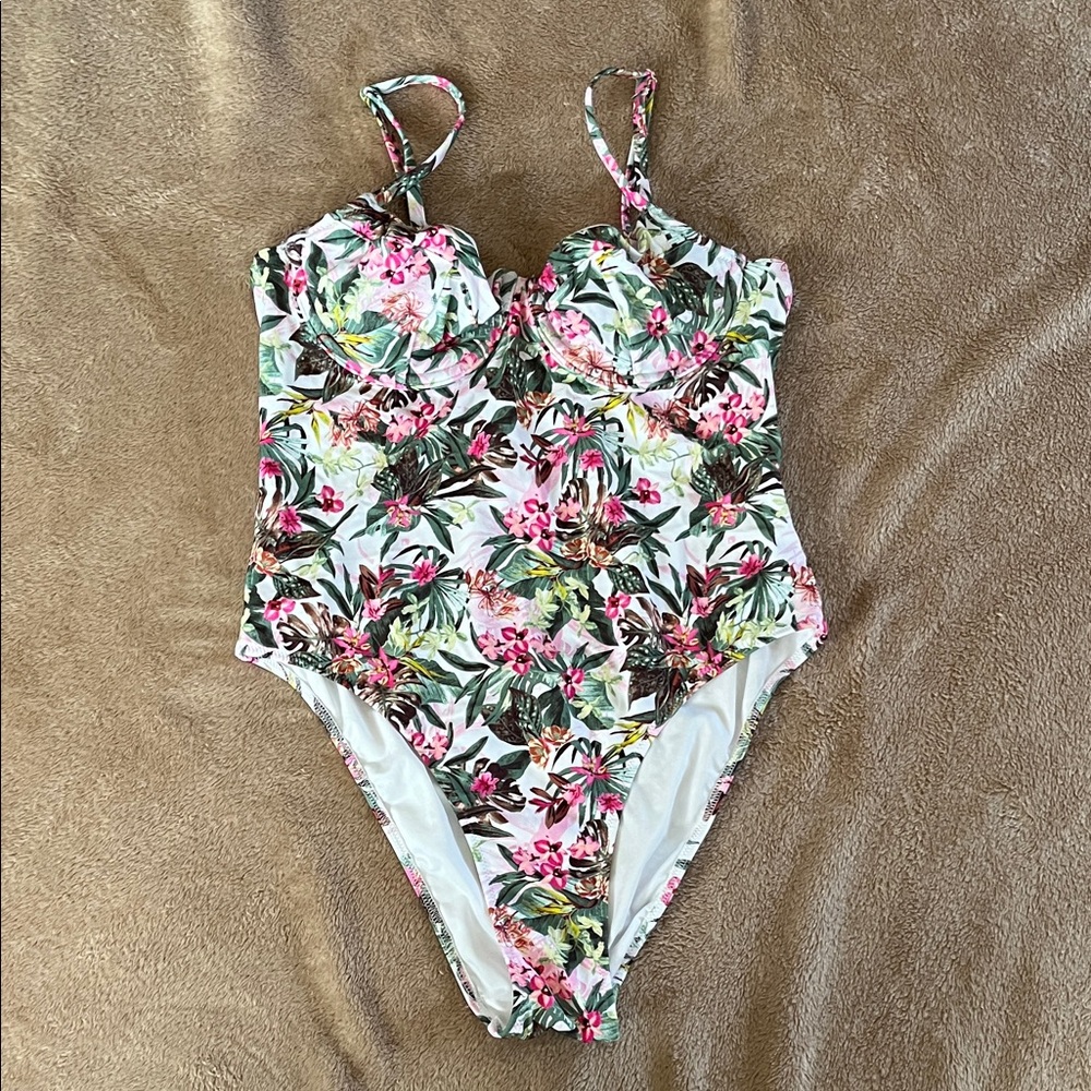 Victoria's Secret White Floral One-Piece Swimsuit with Pink & Green Print